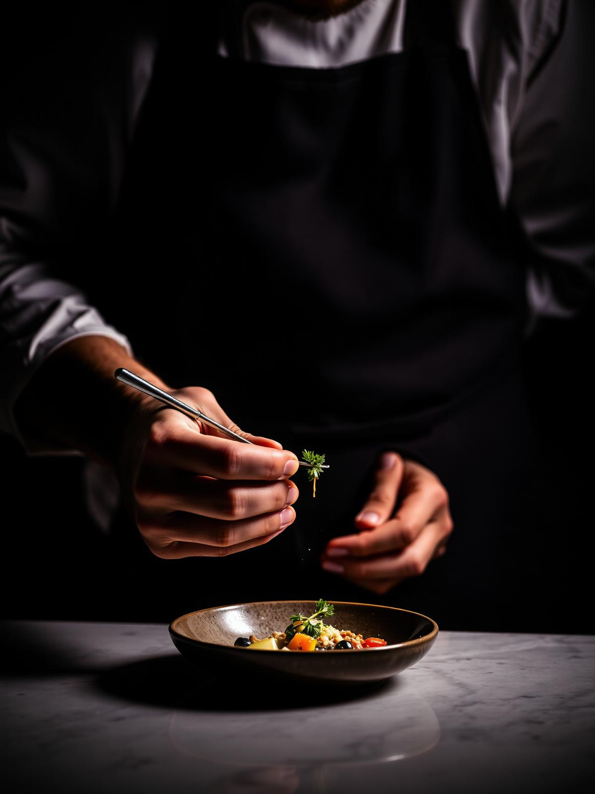 Chef plating a dish with tweezers in a dark kitchen